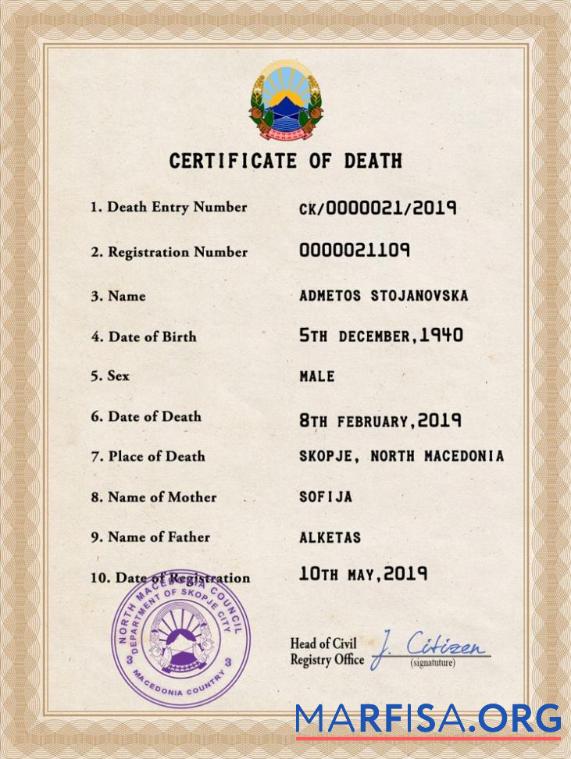 Downloadable North Macedonia vital record death certificate PSD template
